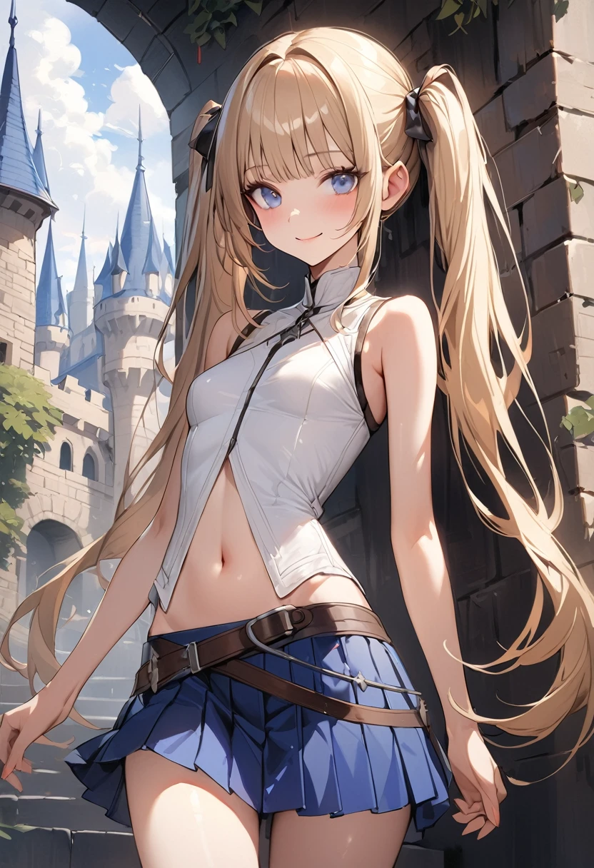 ((masterpiece,Highest quality:1.3,best quality illustration)),realistic,cowboy shot,独奏,1woman,female knight、(25 year old beauty),((very small head:1.4)),((ideal ratio body proportions:1.3)),blonde hair,twin tails,straight long hair,bangs,gorgeous eyes,Blue eyes,smile,(Sleeveless white knitwear、navel、Blue pleated mini skirt),((slender body,skinny)),small breasts,gleaming skin,shiny skin,castle town、Medieval Europe、