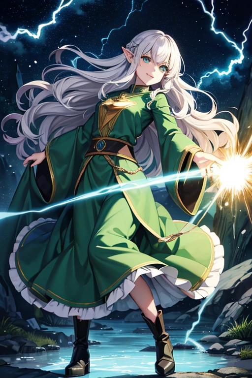 Anime Art、Full body portrait、A wizard who controls lightning in a fantasy world、Forest at night、A tall, adult-looking elf woman, about 175cm tall and around 32 years old, wearing a dark green robe, breastplate, and a long skirt reaching down to her ankles, surrounded by many lightning bolts.、The hairstyle is long and wavy、Silver Hair、Wicked Smile、Creepy Smile、unpleasant laughter、Laughing with mouth open、Sharp Eyes、With eyes half-open、Dark green eyes、boots、There is a mole next to the eye