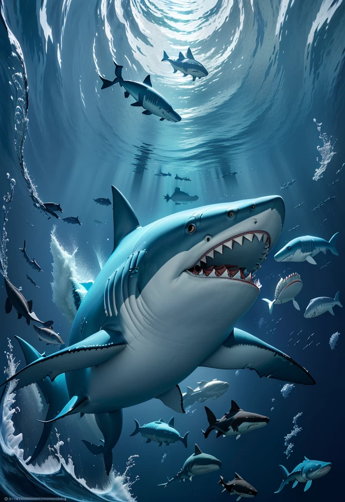 there is a shark that is swimming in the ocean with many fish, great white shark, Megalodon, anthropomorphic shark, sharks, shark, shark - human face, shark face, shark teeth, Best selection on Adobe Stock, blue shark, King of the Sea, author：Adam Malchinsky, wallpaper 4k, author：David Rubin