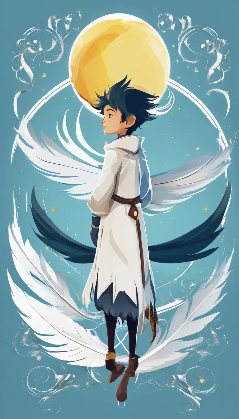 Create a minimalistic, simple, fantastic, easy to understand, logo design of a boy and a feather for an upcoming Fantasy Role Playing Game called " Penamemoria". The game is about a world full of bird and feathers. A boy enters that world and discovers his true artistic identity. Create a logo design that transmits the essence of this videogame. It´s a fantasy game, with fantasy elements. Create the logo in the center and a fantasy theme as background. Use the colours light blue, white, yellow golden in the logo. The logo design must convey a sense of fantasy, dreams, memories and music. Must convey a feeling of being a true Dreamer