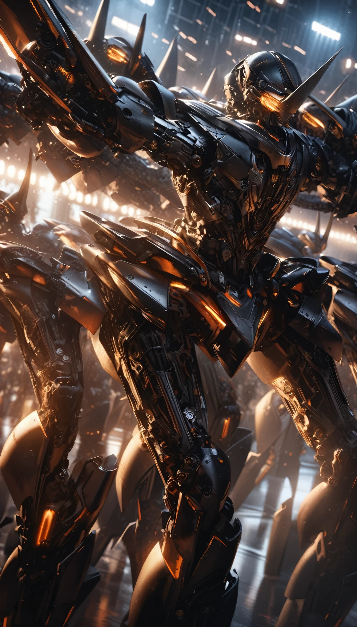 Highest quality, Realistic, photoRealistic, Award-winning photography, (Intricate details: 1.2), (Subtle details), (Intricate details), (Cinematic Light, Many robots lined up, robot dancers, pepper, dance),
