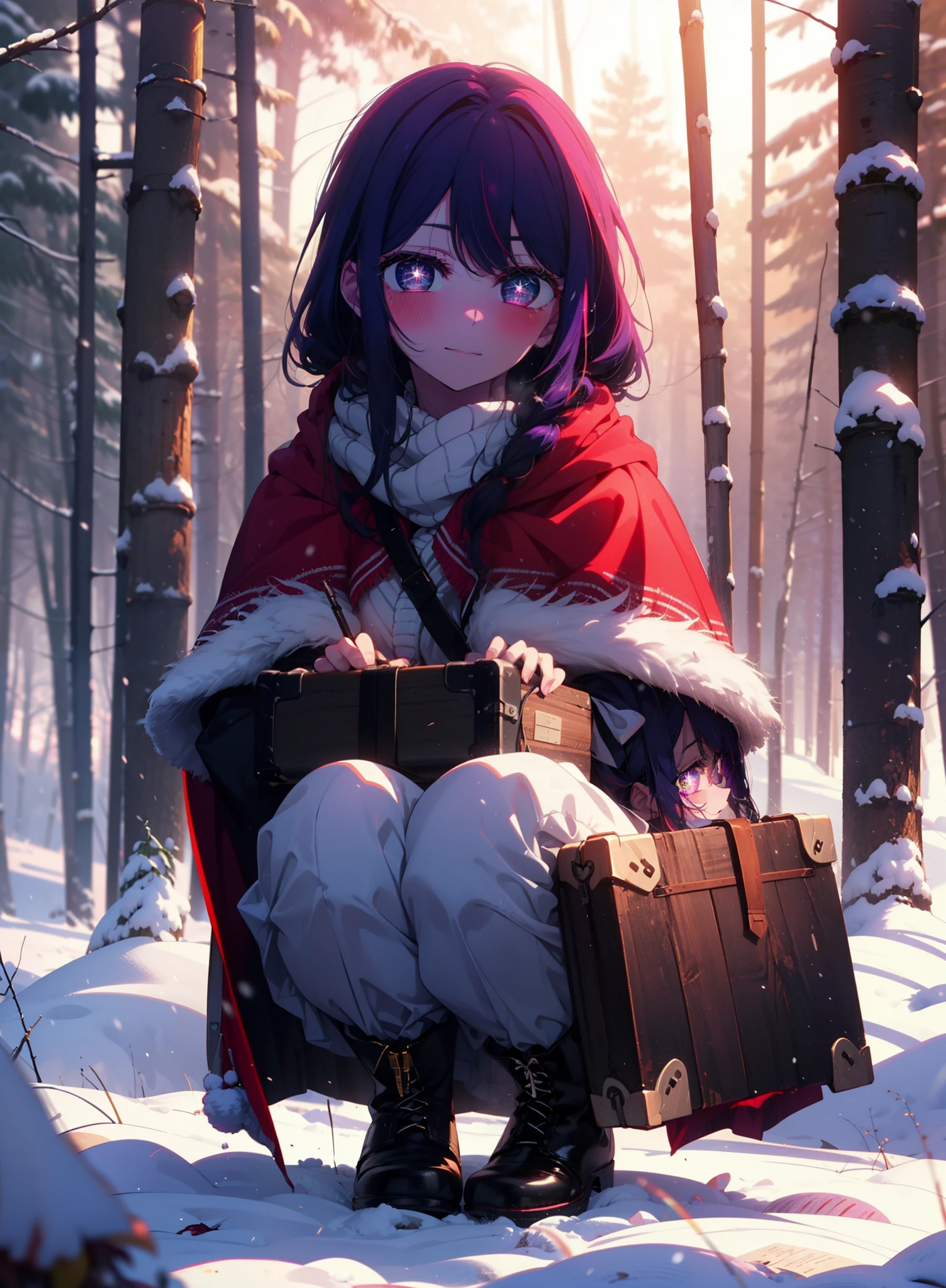 aihoshino, Ai Hoshino, Long Hair, bangs, (Purple eyes:1.1), Purple Hair, (Symbol-shaped pupil:1.5), smile,,smile,blush,white breath,
Open your mouth,snow,Ground bonfire, Outdoor, boots, snowing, From the side, wood, suitcase, Cape, Blurred, , forest, White handbag, nature,  Squat, Mouth closed, Cape, winter, Written boundary depth, Black shoes, red Cape break looking at viewer, Upper Body, whole body, break Outdoor, forest, nature, break (masterpiece:1.2), Highest quality, High resolution, unity 8k wallpaper, (shape:0.8), (Beautiful and beautiful eyes:1.6), Highly detailed face, Perfect lighting, Extremely detailed CG, (Perfect hands, Perfect Anatomy),