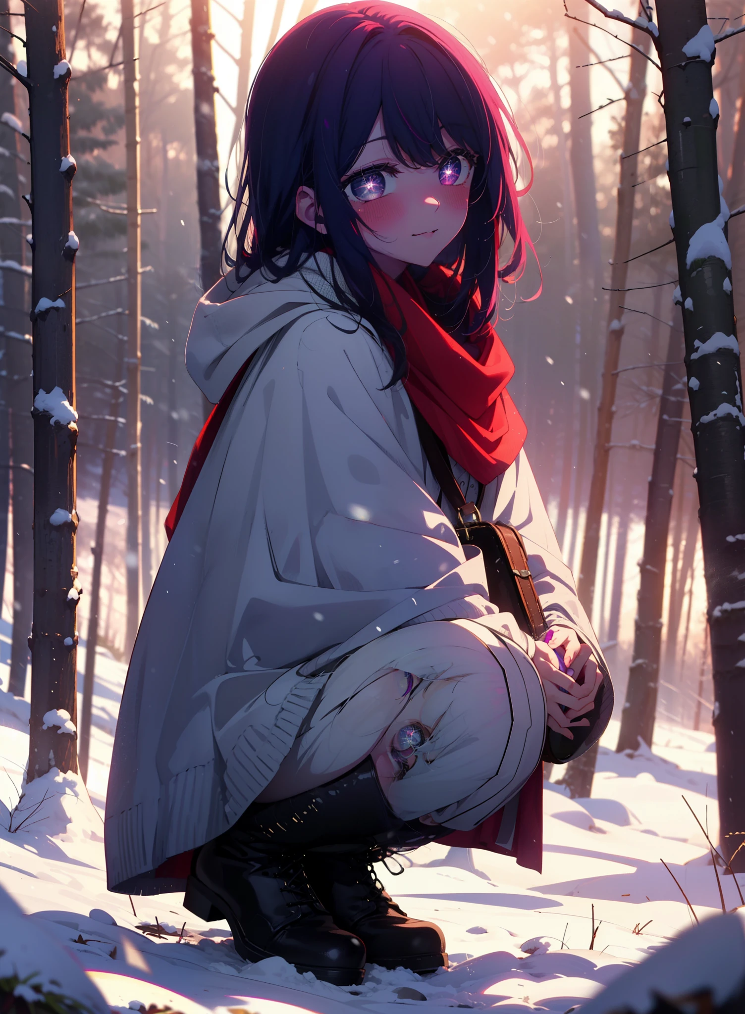 aihoshino, Ai Hoshino, Long Hair, bangs, (Purple eyes:1.1), Purple Hair, (Symbol-shaped pupil:1.5), smile,,smile,blush,white breath,
Open your mouth,snow,Ground bonfire, Outdoor, boots, snowing, From the side, wood, suitcase, Cape, Blurred, , forest, White handbag, nature, Squat, Mouth closed, Cape, winter, Written boundary depth, Black shoes, red Cape break looking at viewer, Upper Body, whole body, break Outdoor, forest, nature, break (masterpiece:1.2), Highest quality, High resolution, unity 8k wallpaper, (shape:0.8), (Beautiful and beautiful eyes:1.6), Highly detailed face, Perfect lighting, Extremely detailed CG, (Perfect hands, Perfect Anatomy),