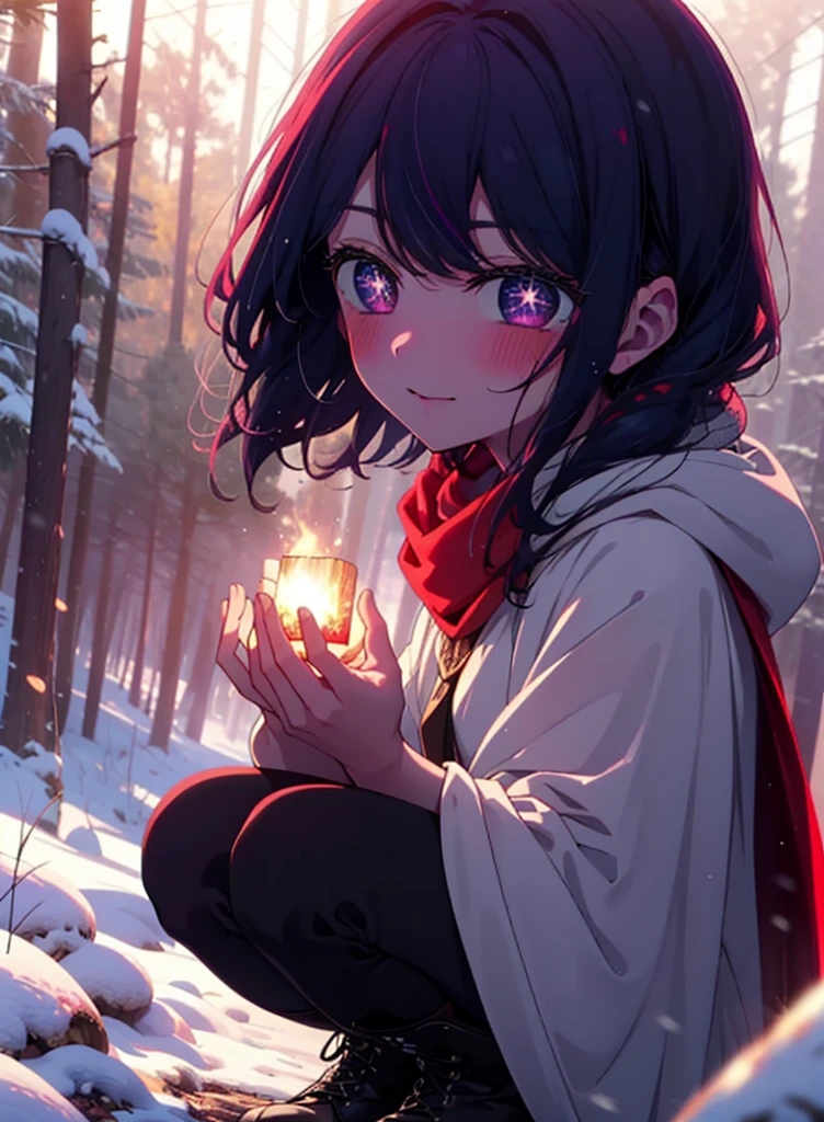 aihoshino, Ai Hoshino, Long Hair, bangs, (Purple eyes:1.1), Purple Hair, (Symbol-shaped pupil:1.5), smile,,smile,blush,white breath,
Open your mouth,snow,Ground bonfire, Outdoor, boots, snowing, From the side, wood, suitcase, Cape, Blurred, , forest, White handbag, nature,  Squat, Mouth closed, Cape, winter, Written boundary depth, Black shoes, red Cape break looking at viewer, Upper Body, whole body, break Outdoor, forest, nature, break (masterpiece:1.2), Highest quality, High resolution, unity 8k wallpaper, (shape:0.8), (Beautiful and beautiful eyes:1.6), Highly detailed face, Perfect lighting, Extremely detailed CG, (Perfect hands, Perfect Anatomy),