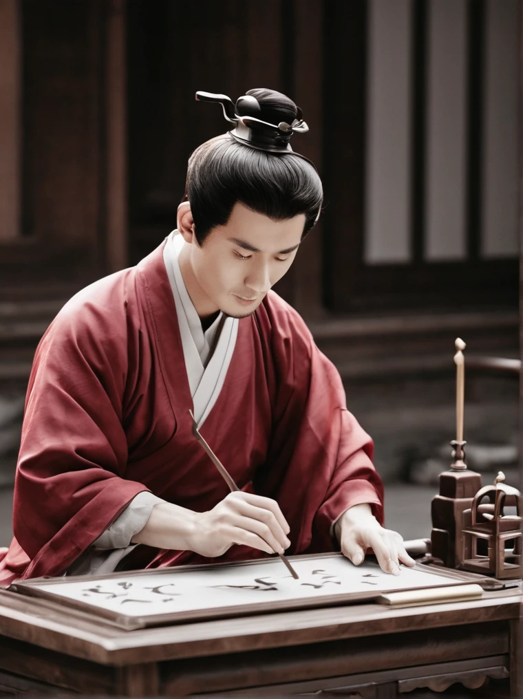Whimsical and fun, Movie photos ink painting light Hanfu,Portraits inspired by traditional Chinese art, Carpenter working in Hanfu. peaceful的风景让人想起宋明时期中国古典画作中的peaceful. The golden calligraphy font and red seal add a lot of color to the whole scene, Everything is infused with a rich soft golden hue, White, and crimson.Tilt frame, Brings a feeling of tension or energy.,peaceful, Peaceful environment. . monochrome, loose, body fluid, Expressive, Beautifully,rich and colorful . 35mm Photo, , Bokeh, professional, 4K, Very detailed, full of imagination, Amazing, Bright colors, Programming, Happy, Whimsical and fun