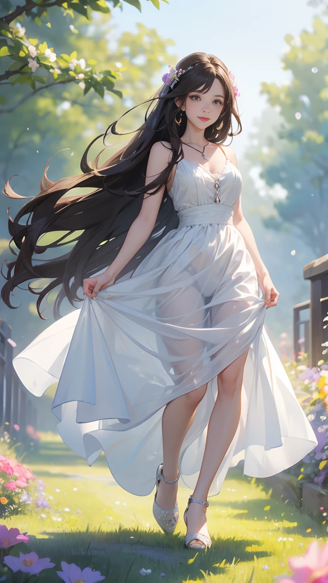 (Highest quality、 8k 、masterpiece、High resolution)、Young lovely woman、Ample breasts、Smooth and unnoticeable collarbone、Slender beauty、(Brown hair medium、My hair is blowing in the wind、Flows backwards)、Full Body Shot、 (Beautiful Face,Beautiful Eyes,Beautiful nose,Pretty lips)、(Stephanie hoove earrings、silver heart necklace)、((Black tops、White and monochrome dot long skirt(Ankle length))、Her mouth opens slightly and a smile appears.、Nice pose、Outdoor、(A Western-style garden filled with blooming flowers)、Colorful flowers、Vibrant colors、The red stands out、looking at the camera、Professional Lighting、Professional photographer、Detailed CG、