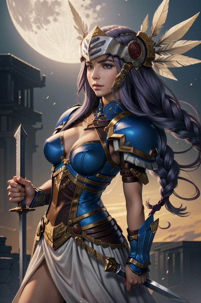 (masterpiece, best quality) ValkyrieProfileLenneth, 1girl, solo, long hair, breasts, looking at viewer, blue eyes, holding, medium breasts, very long hair, weapon, purple hair, braid, sword, holding weapon, armor, single braid, holding sword, moon, helmet, feathers, shoulder armor, full moon, pauldrons, breastplate, armored dress, winged helmet, blue armor, valkyrie