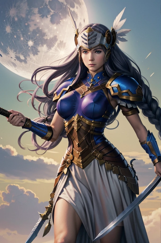 (masterpiece, best quality) ValkyrieProfileLenneth, 1girl, solo, long hair, breasts, looking at viewer, blue eyes, holding, medium breasts, very long hair, weapon, purple hair, braid, sword, holding weapon, armor, single braid, holding sword, moon, helmet, feathers, shoulder armor, full moon, pauldrons, breastplate, armored dress, winged helmet, blue armor, valkyrie