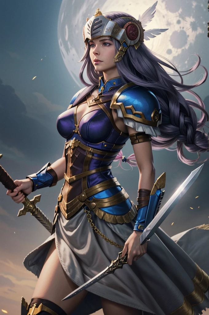 (masterpiece, best quality) ValkyrieProfileLenneth, 1girl, solo, long hair, breasts, looking at viewer, blue eyes, holding, medium breasts, very long hair, weapon, purple hair, braid, sword, holding weapon, armor, single braid, holding sword, moon, helmet, feathers, shoulder armor, full moon, pauldrons, breastplate, armored dress, winged helmet, blue armor, valkyrie