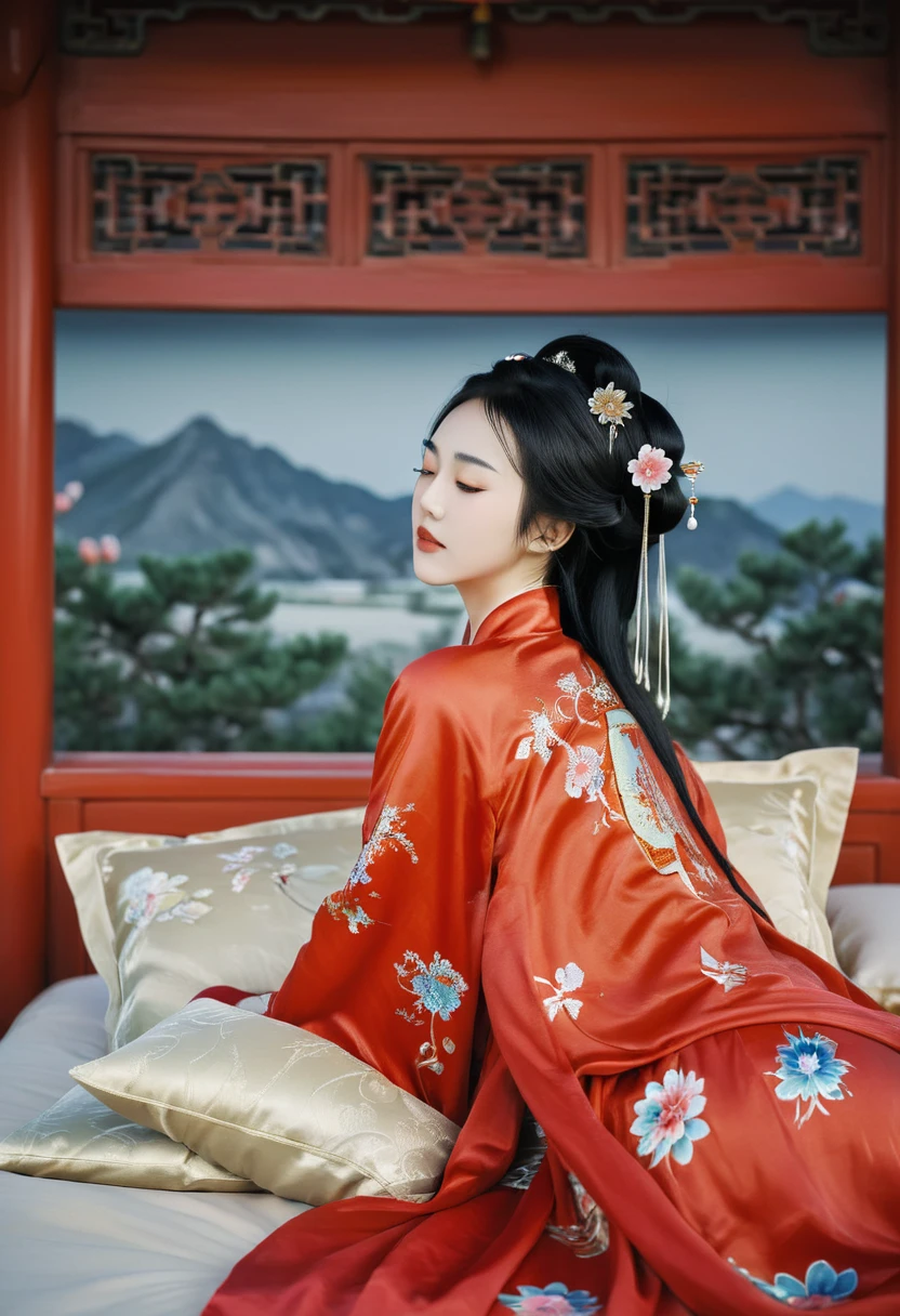 A side view of a Chinese empress relaxing in bed, with a close-up view of her buttocks. In the background is a Chinese palace from the Qing dynasty. She is sleeping in red Hanfu, with only her large buttocks sticking out. She is either wearing underwear or not, and her buttocks are sticking out and floating up.　　　　　　　　　　　　　　　　　　　　　　　　　　　　　　 Her hair is decorated with a large, flashy flower.　 The back of the hair is tied up and up.