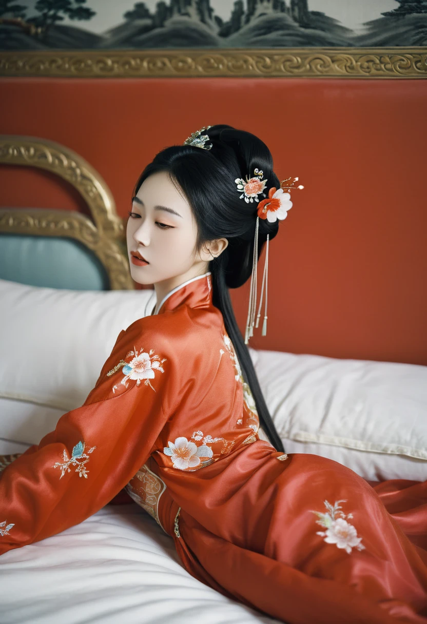 A side view of a Chinese empress relaxing in bed, with a close-up view of her buttocks. In the background is a Chinese palace from the Qing dynasty. She is sleeping in red Hanfu, with only her large buttocks sticking out. She is either wearing underwear or not, and her buttocks are sticking out and floating up.　　　　　　　　　　　　　　　　　　　　　　　　　　　　　　 Her hair is decorated with a large, flashy flower.　 The back of the hair is tied up and up.