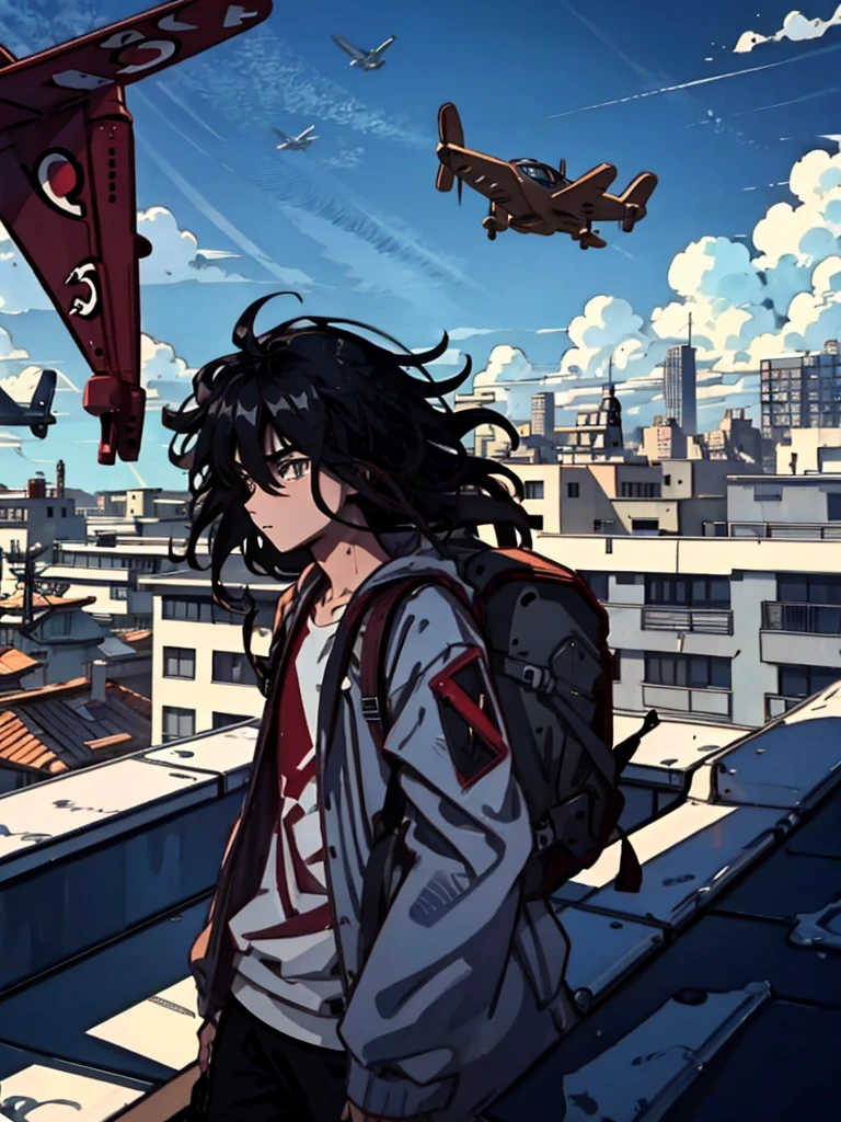  1 boy, black hair(messy hair), black and red strike hoodie, backpack, on the rooftop, looking at sky(clear sky with small plane flying), retro anime style 