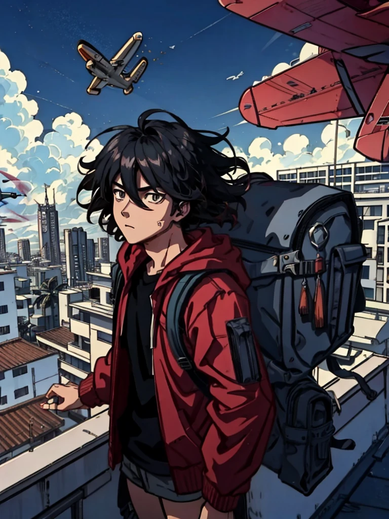  1teenage boy, black hair(messy hair), black and red strike hoodie, backpack, on the rooftop, looking at sky(clear sky with small plane flying), retro anime style 