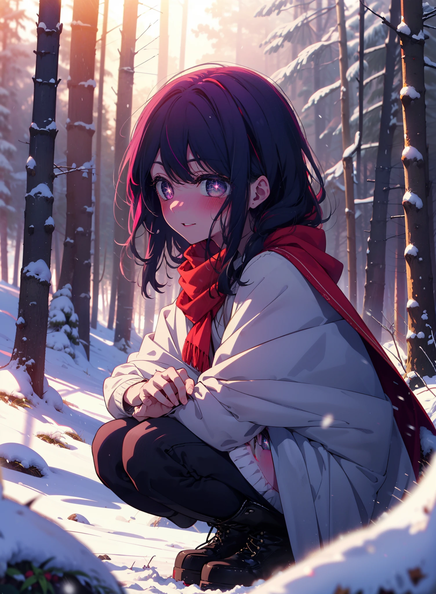aihoshino, Ai Hoshino, Long Hair, bangs, (Purple eyes:1.1), Purple Hair, (Symbol-shaped pupil:1.5), smile,,smile,blush,white breath,
Open your mouth,snow,Ground bonfire, Outdoor, boots, snowing, From the side, wood, suitcase, Cape, Blurred, , forest, White handbag, nature,  Squat, Mouth closed, Cape, winter, Written boundary depth, Black shoes, red Cape break looking at viewer, Upper Body, whole body, break Outdoor, forest, nature, break (masterpiece:1.2), Highest quality, High resolution, unity 8k wallpaper, (shape:0.8), (Beautiful and beautiful eyes:1.6), Highly detailed face, Perfect lighting, Extremely detailed CG, (Perfect hands, Perfect Anatomy),