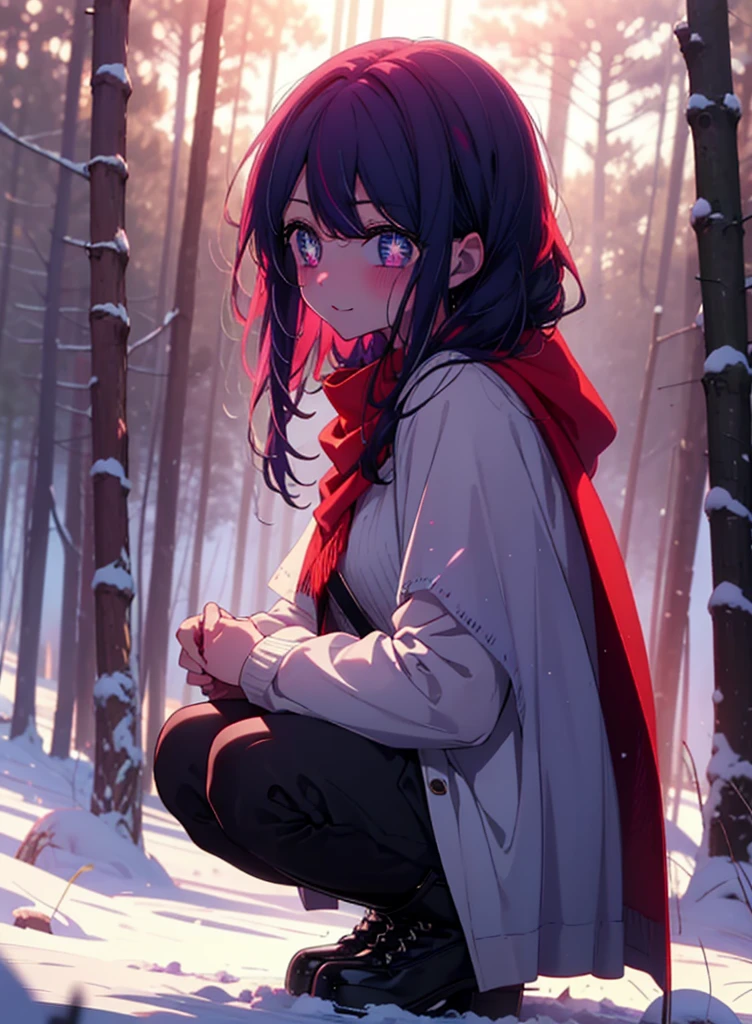 aihoshino, Ai Hoshino, Long Hair, bangs, (Purple eyes:1.1), Purple Hair, (Symbol-shaped pupil:1.5), smile,,smile,blush,white breath,
Open your mouth,snow,Ground bonfire, Outdoor, boots, snowing, From the side, wood, suitcase, Cape, Blurred, , forest, White handbag, nature,  Squat, Mouth closed, Cape, winter, Written boundary depth, Black shoes, red Cape break looking at viewer, Upper Body, whole body, break Outdoor, forest, nature, break (masterpiece:1.2), Highest quality, High resolution, unity 8k wallpaper, (shape:0.8), (Beautiful and beautiful eyes:1.6), Highly detailed face, Perfect lighting, Extremely detailed CG, (Perfect hands, Perfect Anatomy),