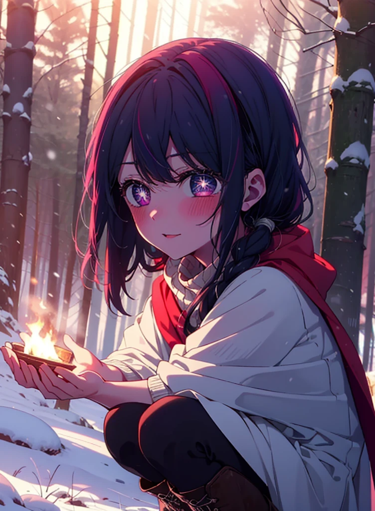 aihoshino, Ai Hoshino, Long Hair, bangs, (Purple eyes:1.1), Purple Hair, (Symbol-shaped pupil:1.5), smile,,smile,blush,white breath,
Open your mouth,snow,Ground bonfire, Outdoor, boots, snowing, From the side, wood, suitcase, Cape, Blurred, , forest, White handbag, nature, Squat, Mouth closed, Cape, winter, Written boundary depth, Black shoes, red Cape break looking at viewer, Upper Body, whole body, break Outdoor, forest, nature, break (masterpiece:1.2), Highest quality, High resolution, unity 8k wallpaper, (shape:0.8), (Beautiful and beautiful eyes:1.6), Highly detailed face, Perfect lighting, Extremely detailed CG, (Perfect hands, Perfect Anatomy),