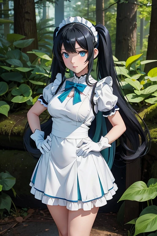 Anime character with long black hair and blue eyes wearing a white dress, Hestia, Twin tails, White gloves, Art Style Anime Moe, Sexy maid in the magical forest, Short skirt, Wide Hips, Hands on hips, Aqua from Konosuba, Anime girl in maid outfit, whole body, Model Anime Vtuber, Magical Forest Maid
