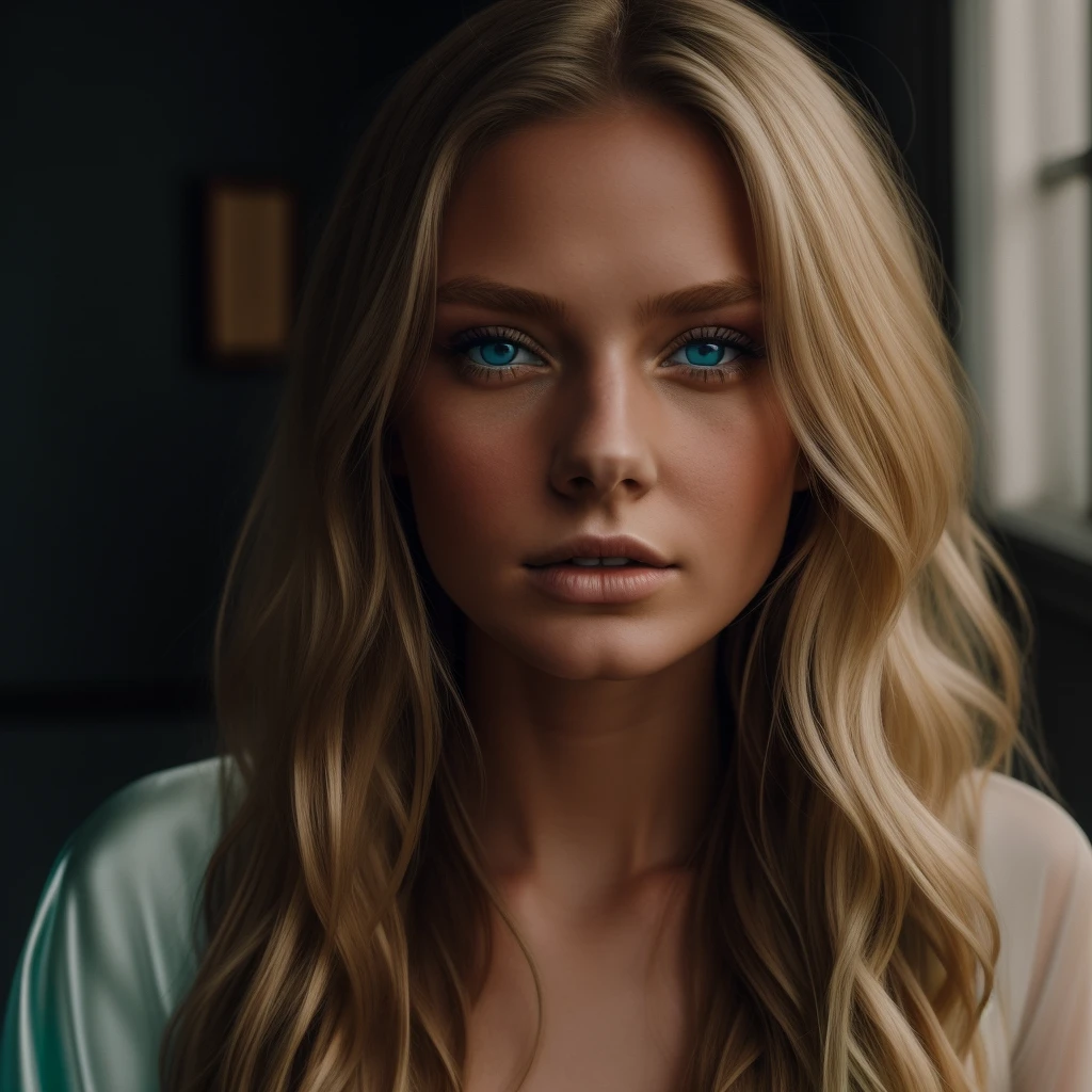 young woman, 20 year, blonde, green blue eyes, wearing a long silk dress, with details in pastel tones, burn scars on the neck and bust, hands and arms. light blonde hair, green blue eyes