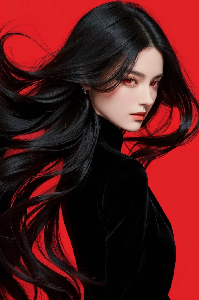 a woman with long black hair and red eyes is standing in front of a red background, with long hair, with long dark hair, in the art style of bowater, portrait, realistic