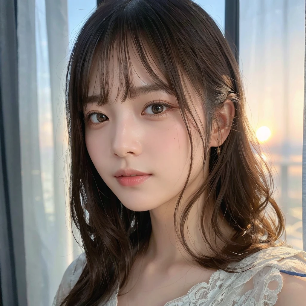 (Highest quality,masterpiece:1.3,超High resolution),(Very detailed,Caustics,8k),(Realistic:1.4,RAW shooting),Super detailed, 超High resolution, Large file size, Very detailed skin, Very detailed clothing, (photoRealistic:1.2), (Highest quality), (Detailed skin:1.3), (Intricate details), 18-year-old,Japanese,黒いLong Hair,耳前にLong Hair, (Long Hair:1.2), (Wavy Hair:1.2), (鈍いbangs:1.2), Chest-up shot,Ultra high definition 8K,Highest quality,Very detailedな,masterpiece,Realistic,Rich details,Photographic realism,Very detailedな環境,Very detailedな照明,Very detailedな詳細,,Detailed skinの質感,Scattered under the surface,(blush:0.5),Photographic works,A slightly sad expression,Beautiful, shining lips, Detailed face、 bangs, Hair between the eyes, (Tangled in lace curtains:1.5),Looking into the camera,,Front of face,Top view angle,,Natural light, masterpiece, Highest quality, High resolution, ,(Face Focus:1.1),(Face close-up:1.1),Sunset