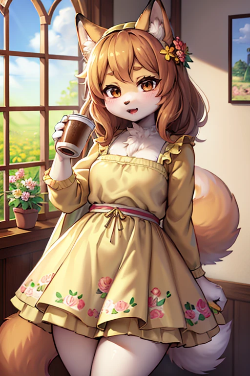 Furry,Dog Girl,masterpiece,Highest quality,masterpiece,Highest quality,Official Art,Highly detailed CG Unity 8k wallpaper,A little vintage,Rice Print Style,figure,cute,One girl,Flowers,Window,flower pot,Drink coffee,.