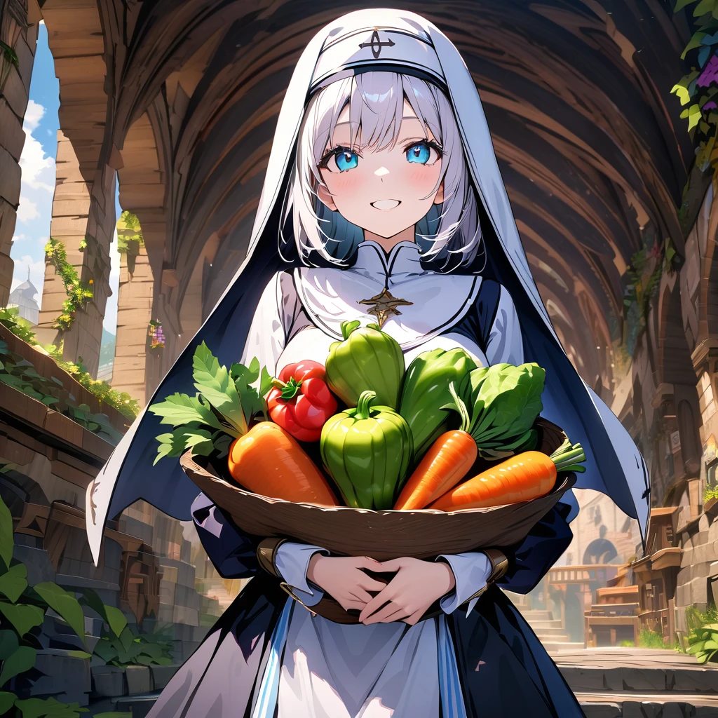 Underground cave pool smiling nun carrying vegetables, detailed background, detailed writing, 4k, UHD, absurd, ultra quality, masterpiece,