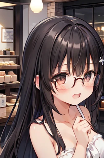 (With a girl、、Black-haired、Long Hair、Straight hair、hair ornaments、Light brown eyes、Laughter、Wearing black glasses、、Cute Face)、masterpiece、Highest quality、naked、restaurant、toast、coffee,Big Breasts