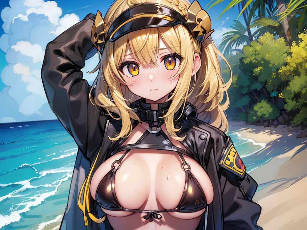 ((hyper super ultra detailed perfect piece)),illustration,masterpiece,(extremely detailed CG 8k),(very fine 8K CG) ,(masterpiece), (best quality), (ultra-detailed), amazing,((absurdres, attractive)),background is crowded beach,

a cute anime girl , 1girl,((((flatchest)))),micro bikini, solo, , large breasts, looking at viewer,she is wearing a jacket over her swimsuit,anxious,troubled face,, , bangs, long hair, , yellow hair,,