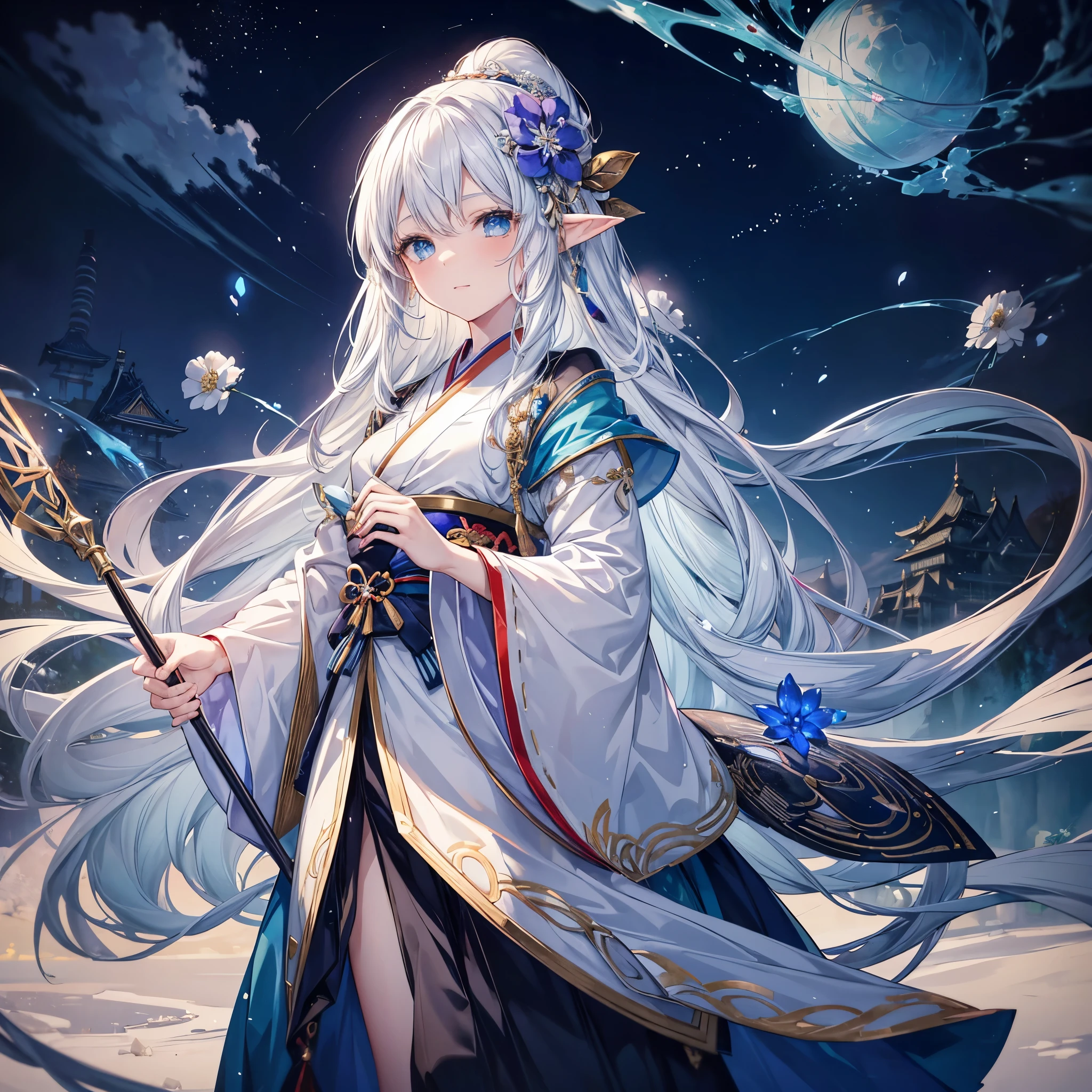 A half-body or 3/4-body portrait of a graceful female elf with long white hair and blue eyes, dressed in a traditional Japanese magic and skirt. She is holding a staff and casting a spell that generates swirling ice magic. The background features a vibrant flower garden with a glimpse of a majestic castle in the distance.