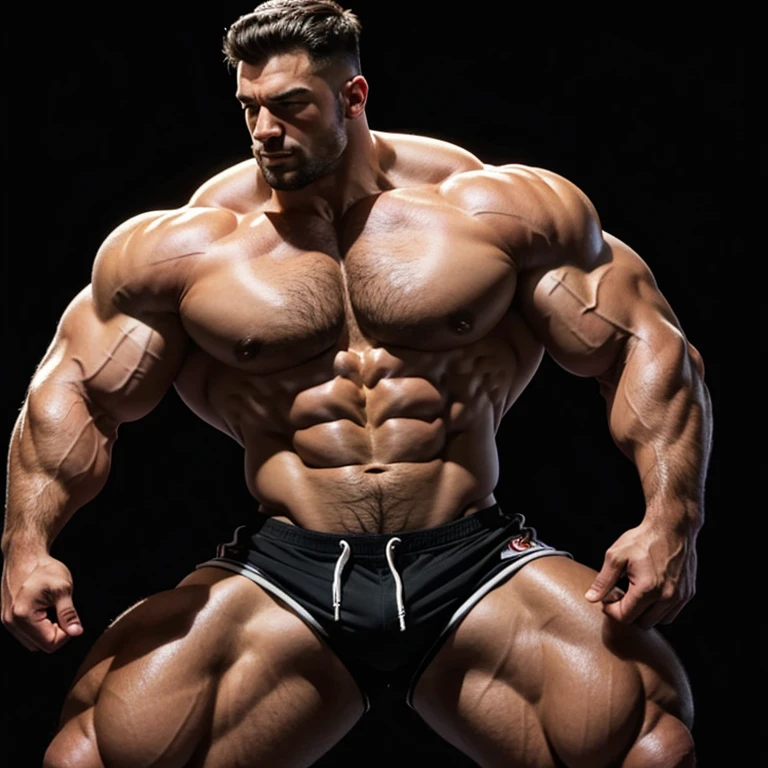 a muscular, massively muscular bodybuilder man with massively large muscles, with a large, muscular and defined body, on a black background, shirtless, wearing shorts, seen close up