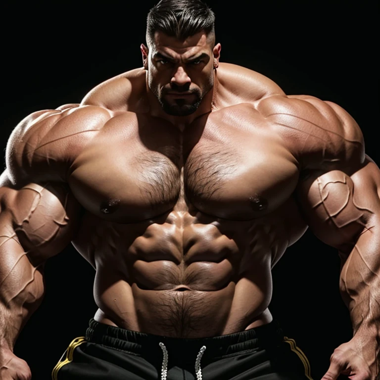 a muscular, massively muscular bodybuilder man with massively large muscles, with a large, muscular and defined body, on a black background, shirtless, wearing shorts, seen close up