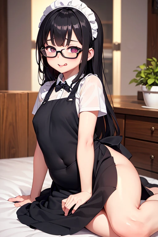 Pretty with glasses, plump thighs, sitting on the floor, blushing, bare abdomen and completely flat abdomen, heart-shaped pupils, satisfied face with tongue out, r small breasts, hair of different sizes and styles, black transparent apron completely attached to the body