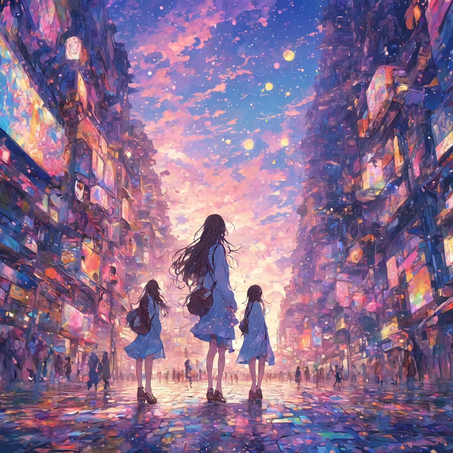 A epic, Japanese, anime, illustrative, (drawing), of a tall white girl, in the distance, facing away from the camera, with long flowing brown hair, wearing a long flowing white button up shirt, that is un-tucked, long blue jeans, and brown shoes, carrying a handbag, in her left hand, the girl stands facing away from the camera, looking at a vibrant colorful statue, carved in the shape of an African land snail, in a large city, a beautiful lofi pastel sunset, sits on the horizon and fills the sky with color, the street curves either left or right and  is lined on both sides with buildings and shops that are all different kinds, shapes and sizes and colors that are covered with advertisements of all different kinds, shapes, sizes and colors, the whole scene is made of and covered in colors of pinks, purples, reds golds and blues that are very vibrant and intense, your perspective is " a person standing very far in the distance behind the girl looking at the girl walking on the road. at the top of the image the night sky and the stars can also be seen in the sky the sky at the top of the image is in dark shades of blue and purple beginning to peak through the clouds on the top of the scene. The scene is very intricate and has a lot of fine detail, depth, and object variations, generated buildings do not repeat, the whole image is a vibrant lofi pastel color pallet, the whole image is in a pen drawn ( cell shaded ) art style drawn and inked on paper. (Extreme Distance POV)--chaos 