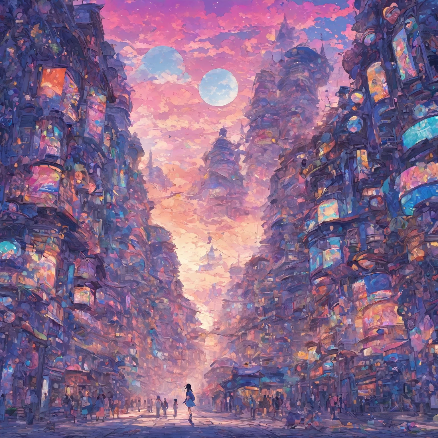 A epic, Japanese, anime, illustrative, (drawing), of a tall white girl, in the distance, facing away from the camera, with long flowing brown hair, wearing a long flowing white button up shirt, that is un-tucked, long blue jeans, and brown shoes, carrying a handbag, in her left hand, the girl stands facing away from the camera, looking at a vibrant colorful statue, carved in the shape of an African land snail, in a large city, a beautiful lofi pastel sunset, sits on the horizon and fills the sky with color, the street curves either left or right and is lined on both sides with buildings and shops that are all different kinds, shapes and sizes and colors that are covered with advertisements of all different kinds, shapes, sizes and colors, the whole scene is made of and covered in colors of pinks, purples, reds golds and blues that are very vibrant and intense, your perspective is " a person standing very far in the distance behind the girl looking at the girl walking on the road. at the top of the image the night sky and the stars can also be seen in the sky the sky at the top of the image is in dark shades of blue and purple beginning to peak through the clouds on the top of the scene. The scene is very intricate and has a lot of fine detail, depth, and object variations, generated buildings do not repeat, the whole image is a vibrant lofi pastel color pallet, the whole image is in a pen drawn ( cell shaded ) art style drawn and inked on paper. (Extreme Distance POV)--chaos