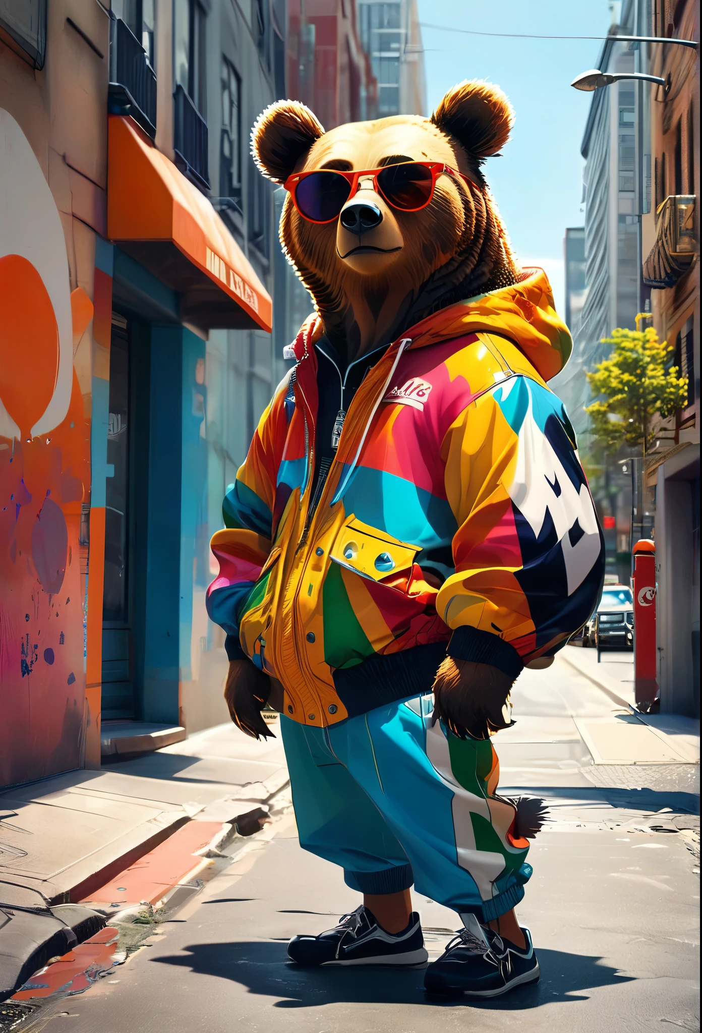 Title: Wild and Urban Fusion: A Street-Style Bear Wearing Sunglasses Prompt: Create a dynamic and visually striking graphic design featuring a bear wearing sunglasses and street-style fashion. The design should blend the wild essence of the bear with the urban coolness of street fashion, resulting in a unique and powerful visual representation. Bear's Symbolism and Fashion: The bear represents strength, courage, and a deep connection with nature. By adding elements like sunglasses and street-style fashion, the design should capture both the wild allure and the modern edge of urban life. This combination will deliver a visually impactful and message-driven design. Design Elements: Dynamic Pose and Expression: Illustrate the bear in a dynamic pose, showcasing its powerful and lively nature. Experiment with various expressions, from intimidating to relaxed, to enhance the bear’s character. Sunglasses Style: Feature the bear wearing stylish sunglasses to emphasize its cool and modern look. Incorporate various styles of sunglasses, from classic Ray-Ban to futuristic designs, to add individuality. Fashion Items: Dress the bear in street-style fashion items like caps, hoodies, and jackets. Include logos or graffiti-inspired designs on the clothing to enhance the street fashion vibe. Color and Contrast: Use vibrant colors and bold contrasts to make the design stand out. Consider a monochrome base with pops of color to create visual interest and accentuate key elements. Creation Process: Concept and Sketch: Start by defining the concept and creating initial sketches. Decide on the bear’s pose, expression, and fashion accessories. Digital Illustration: Develop the detailed illustration using digital tools. Pay attention to the intricacies of the sunglasses and fashion items. Coloring: Apply colors thoughtfully, balancing hues and contrasts. Add highlights and shadows to create depth and realism. Final Touches: Refine the design by adjusting elements for balance a
