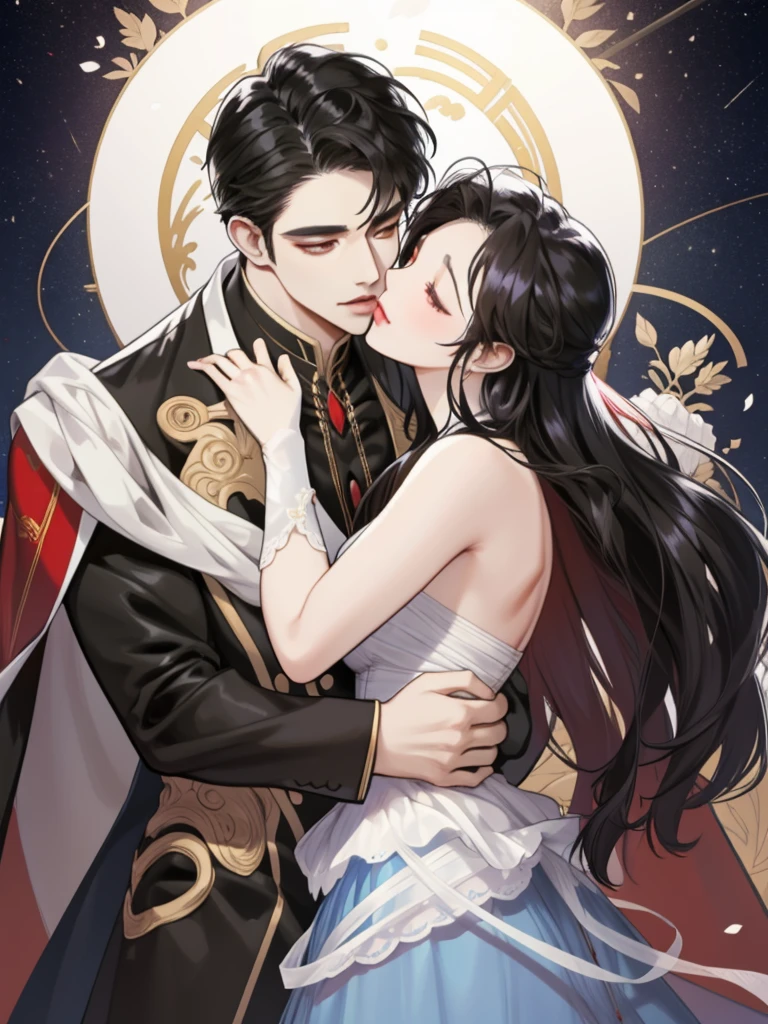 A man and a woman in tuxedos hug, Cute couple, author:Yang J, Elegant Numbers, Elegant couple, author:unbelievable, romance book cover, Elegant Numbers艺术, Art style, Popular trends on artstration, romantic couple, Beautiful digital illustrations, Li Song, 8k high quality detailed art, handsome stunning realistic