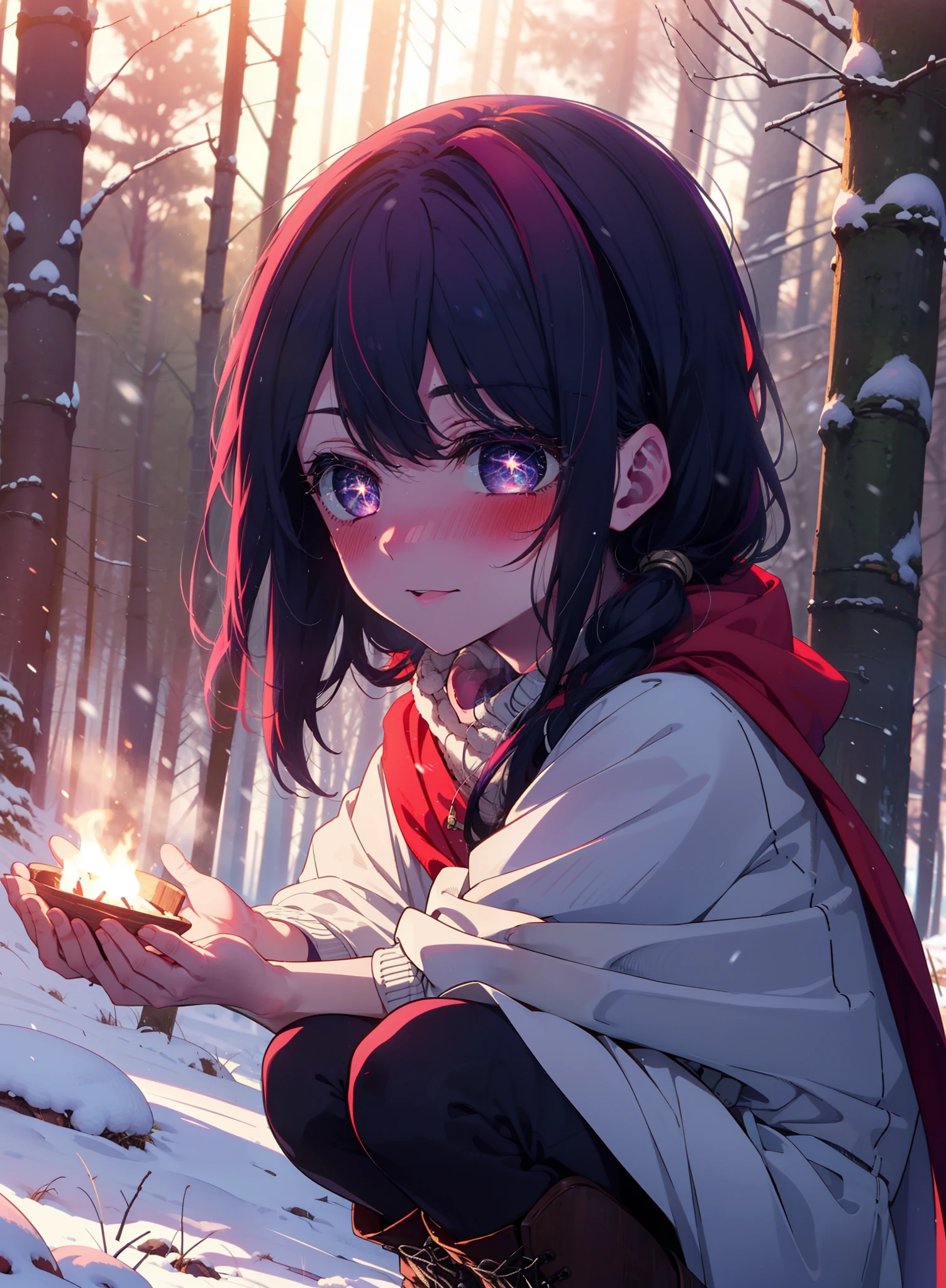 aihoshino, Ai Hoshino, Long Hair, bangs, (Purple eyes:1.1), Purple Hair, (Symbol-shaped pupil:1.5), smile,,smile,blush,white breath,
Open your mouth,snow,Ground bonfire, Outdoor, boots, snowing, From the side, wood, suitcase, Cape, Blurred, , forest, White handbag, nature,  Squat, Mouth closed, Cape, winter, Written boundary depth, Black shoes, red Cape break looking at viewer, Upper Body, whole body, break Outdoor, forest, nature, break (masterpiece:1.2), Highest quality, High resolution, unity 8k wallpaper, (shape:0.8), (Beautiful and beautiful eyes:1.6), Highly detailed face, Perfect lighting, Extremely detailed CG, (Perfect hands, Perfect Anatomy),