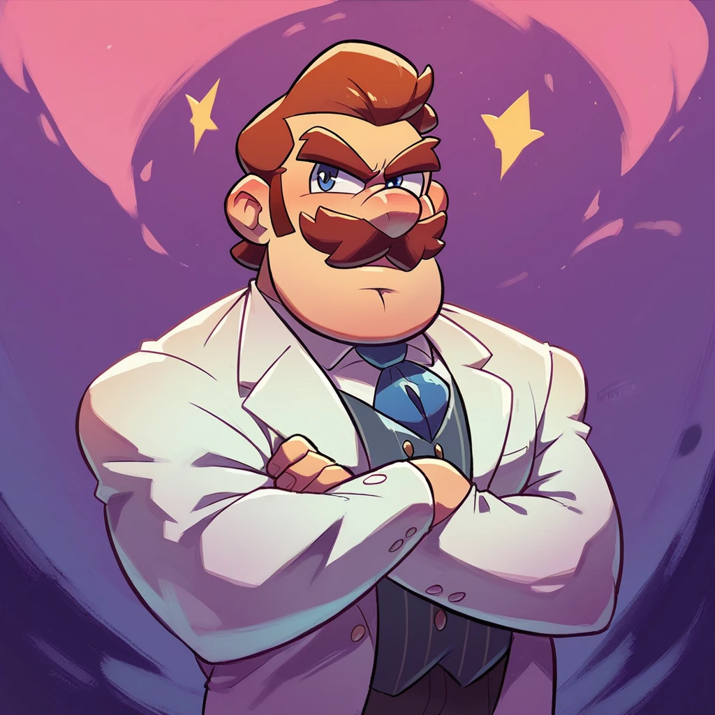 (masterpiece:1.2), (best quality:1.2), (Mario Bros in a suit), confident smile, arms crossed, iconic mustache