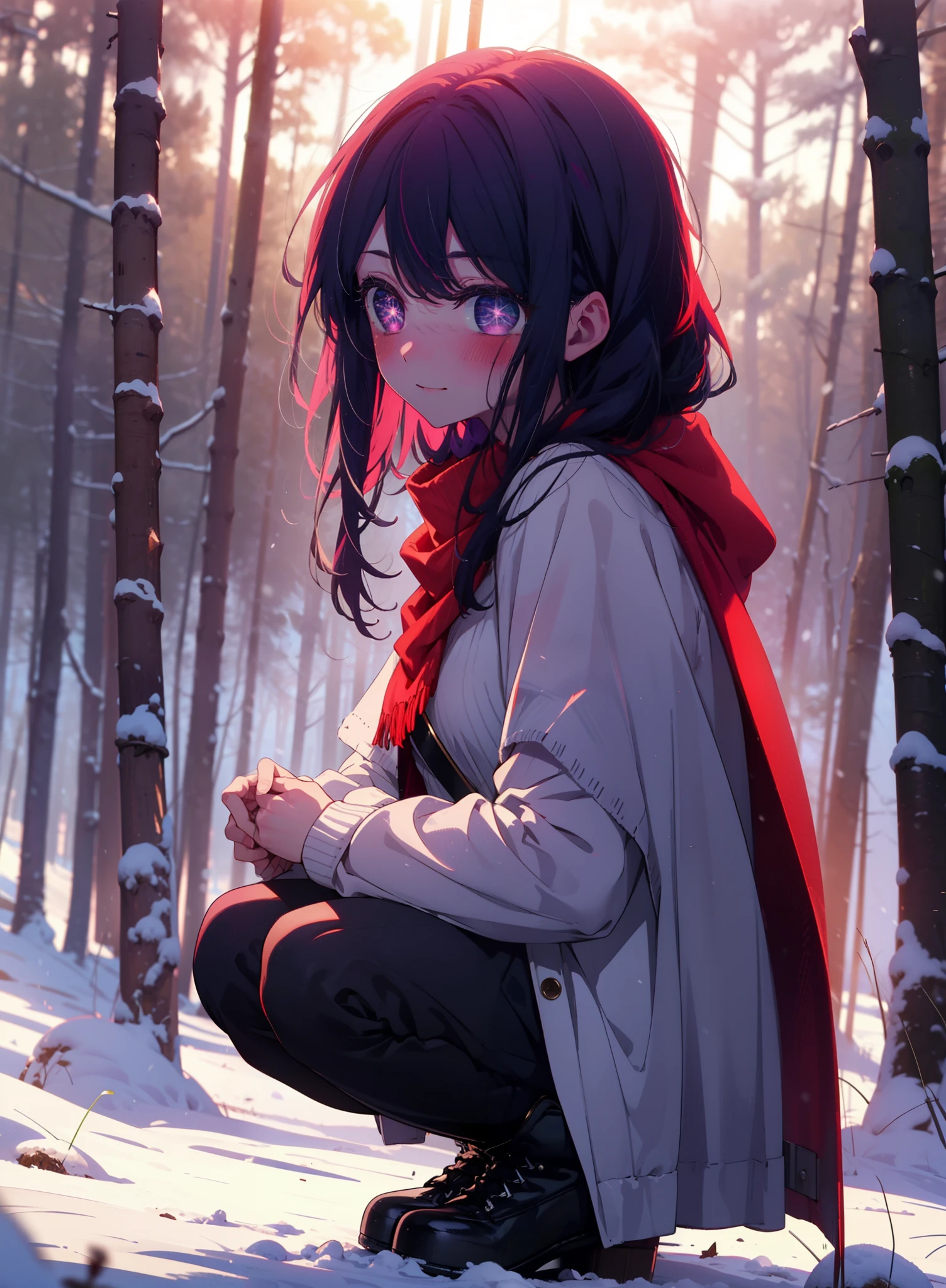 aihoshino, Ai Hoshino, Long Hair, bangs, (Purple eyes:1.1), Purple Hair, (Symbol-shaped pupil:1.5), smile,,smile,blush,white breath,
Open your mouth,snow,Ground bonfire, Outdoor, boots, snowing, From the side, wood, suitcase, Cape, Blurred, , forest, White handbag, nature, Squat, Mouth closed, Cape, winter, Written boundary depth, Black shoes, red Cape break looking at viewer, Upper Body, whole body, break Outdoor, forest, nature, break (masterpiece:1.2), Highest quality, High resolution, unity 8k wallpaper, (shape:0.8), (Beautiful and beautiful eyes:1.6), Highly detailed face, Perfect lighting, Extremely detailed CG, (Perfect hands, Perfect Anatomy),