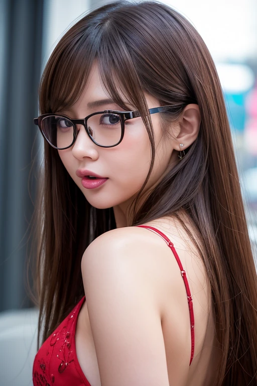 High resolution, Long Hair, solo, Gaze, chest, Open your mouth, Brown Hair, accessories, tongueを出す, Back view, masterpiece, Highest quality, High-resolution model, Very detailed, Ultra high definition, Long Hair, Brown Hair, Shiny Hair, Disheveled Hair, Shake your hair, 大きなchest, chest, Big Ass，Blushing, tongue, tears, saliva, Frowning, happiness/joy, Droopy eyes, Contempt的な目つき, Red face, Ahegao, Licking your lips, saliva糸引き, expression, Contempt/angry gaze, 長いtongue, Smell, excited, Big glitter eyes, Eyes Wide Open, tongue出し, Fatty face, Overlooking, Multiview, Dutch Angle, Wear glasses, 8k octane, modern, Reality, realism, Japanese women，Glamorous body
