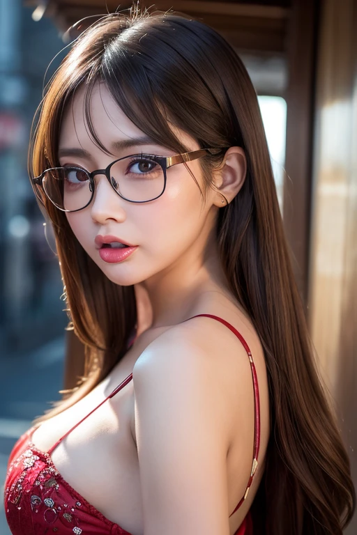 High resolution, Long Hair, solo, Gaze, chest, Open your mouth, Brown Hair, accessories, tongueを出す, Back view, masterpiece, Highest quality, High-resolution model, Very detailed, Ultra high definition, Long Hair, Brown Hair, Shiny Hair, Disheveled Hair, Shake your hair, 大きなchest, chest, Big Ass，Blushing, tongue, tears, saliva, Frowning, happiness/joy, Droopy eyes, Contempt的な目つき, Red face, Ahegao, Licking your lips, saliva糸引き, expression, Contempt/angry gaze, 長いtongue, Smell, excited, Big glitter eyes, Eyes Wide Open, tongue出し, Fatty face, Overlooking, Multiview, Dutch Angle, Wear glasses, 8k octane, modern, Reality, realism, Japanese women，Glamorous body
