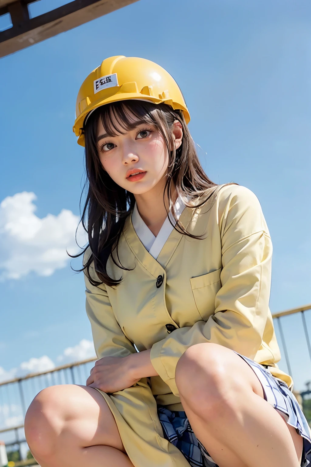 Masterpiece, bokeh, (Beautiful face), (Detailed face), (Perfect hands), (Japanese idle:1.6), (school uniform:1.3), (Plump breast:1.1), (Yellow helmet:1.3), (Crouching:1.3),( Large Bridge construction site:1.3), (Blushed face:1.3), (From below:1.5), 