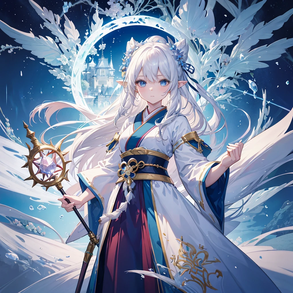 A half-body or 3/4-body portrait of a graceful female elf with long white hair and blue eyes, dressed in a traditional Japanese magic  and skirt. She is holding a staff and casting a spell that generates swirling ice magic. The background features a vibrant flower garden with a glimpse of a majestic castle in the distance.