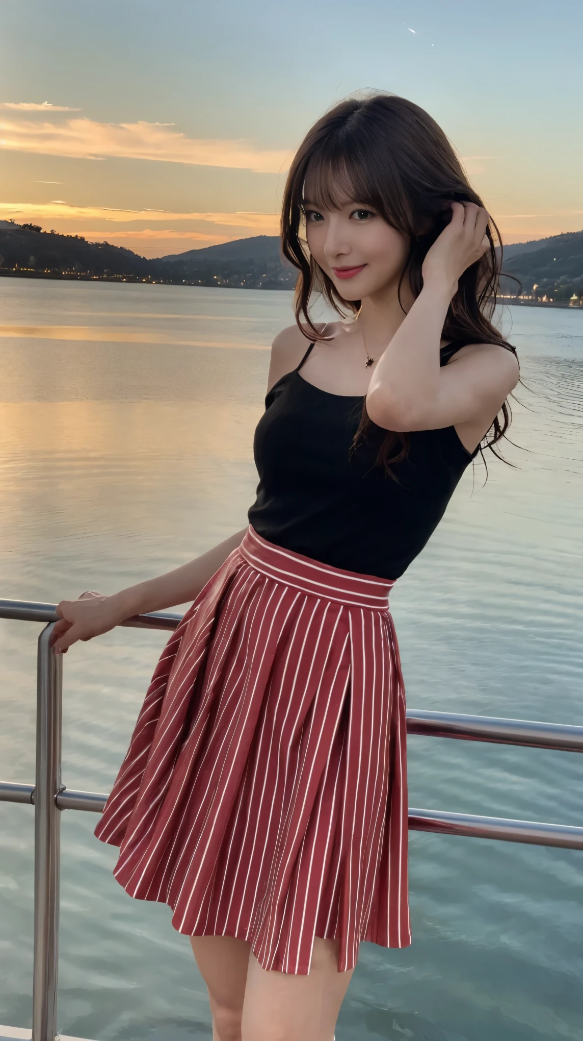 ((masterpiece)),(((Highest quality))),A low-angle shot that highlights her beautiful thighs and crotch:1.5,Long legs,The best smile:1.5，Slim figure:1.5，whole body:1.5，(One Girl:1.3),(Viewer Display:1.4)，(Pointy high heels:1.3),(Standing with legs wide apart by the lake:1.2),(Wearing a striped long skirt dress:1.2),Long Curly Hair:1.5，