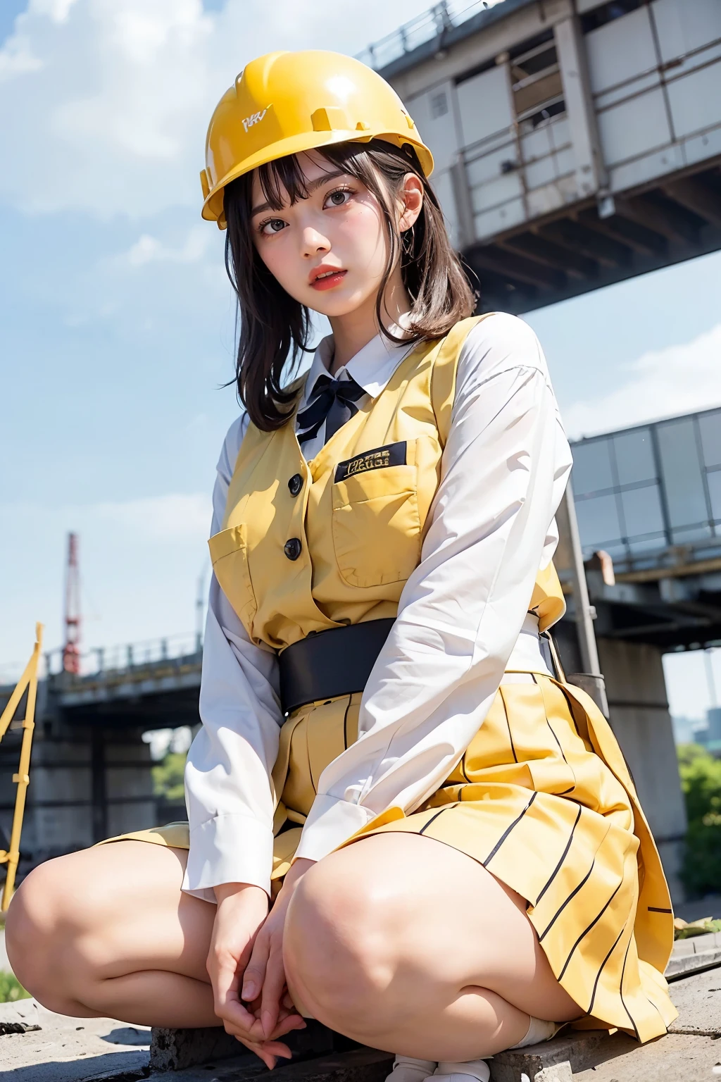 Masterpiece, bokeh, (Beautiful face), (Detailed face), (Perfect hands), (Japanese idle:1.6), (school uniform:1.3), (Plump breast:1.1), (Yellow helmet:1.3), (Crouching:1.3),( Large Bridge construction site:1.3), (Blushed face:1.3), (From below:1.5), 