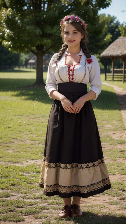 front view, stand on field, ((beautiful 1 girl and  cute her  with stand, on ground, her  is 6 years-old :1.3)) ,1945 years June, Europeans War is end ,   1 girl is 25 years-old, (brown hair ,double braid, flower crown, smile),  (slime body, traditional German costumes from the 1930s) (The women are wearing  embroidered Dirndls, which include a close-fitting bodice with a low neckline, a blouse worn under the bodice), (Black wide high-waisted knit skirt, An ankle-length skirt ), (White apron, flower arrange embroidered apron), traditional shoes,  The setting is a rural village during a festival, with people engaging in traditional activities and celebrating their heritage , textured skin , (HI detailed skin, (foreshortening, Canon, 8K, anatomically correct, super detail, high details, highness))