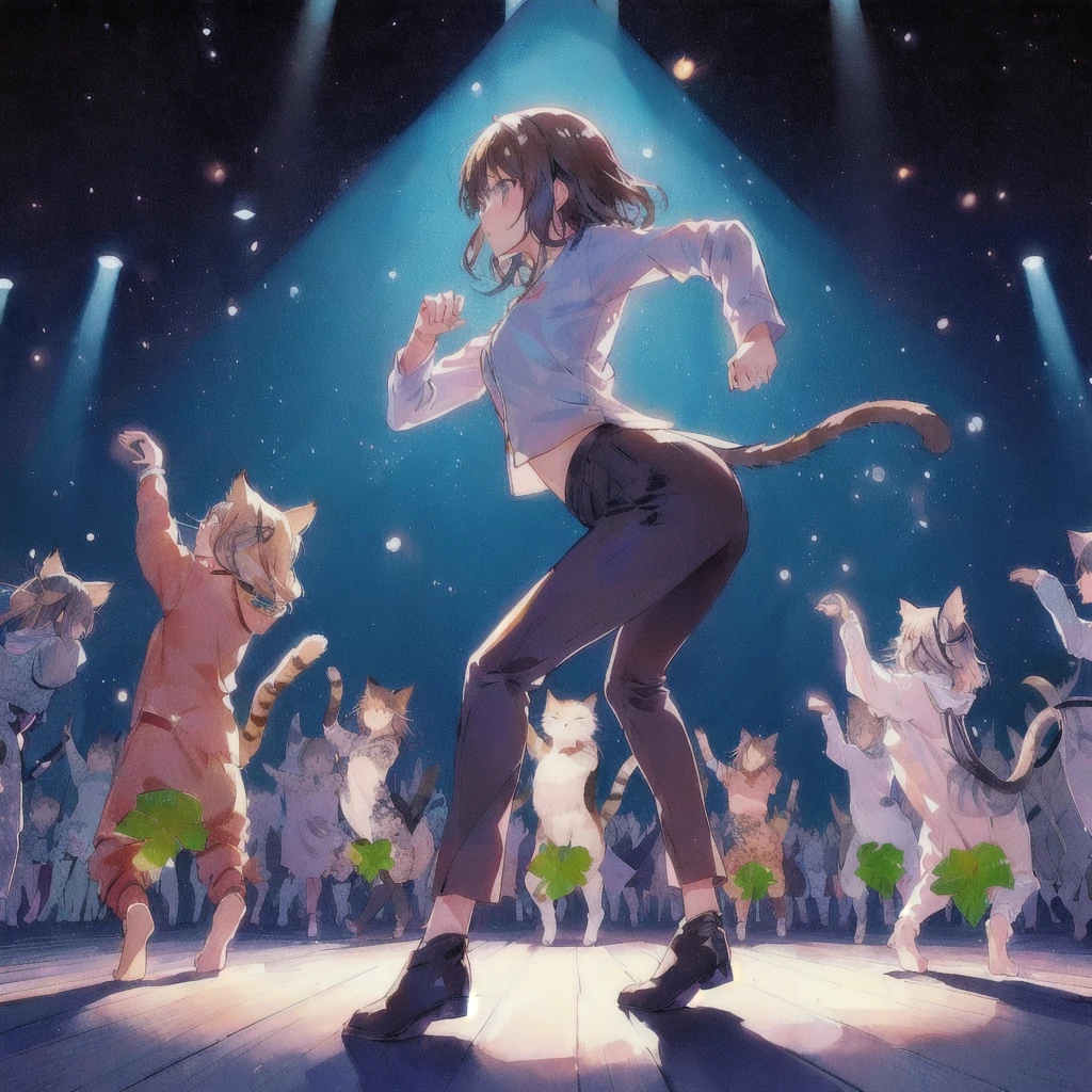 股間にleafを貼り付けて踊る猫と踊る女性のアニメ画像, leaf,Animated visual of many cats dancing behind, Anime Cat, Anime Catgirl, realistic Anime Cat, very beautiful Anime Cat girl, today's featured Anime stills, cute Anime Catgirl, beautiful Anime Catgirl, Anime stills, 80s anime style,Cute girl anime visuals, Daily Life Anime, Anime movie screenshots