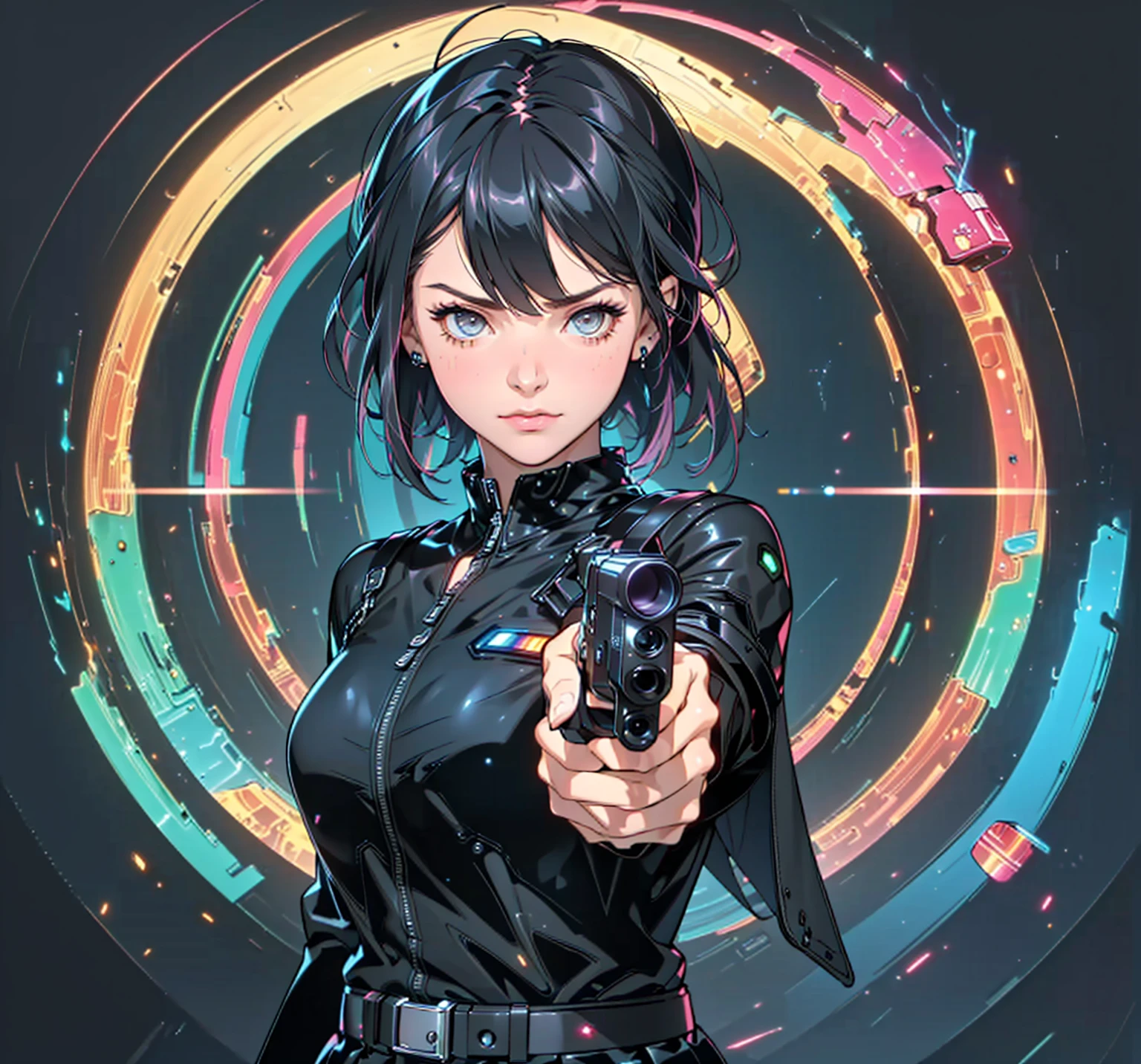 (Hold the gun., short skirt,raw photos, best quality, skill:1.2), (realistically, realistic:1.37),(,cute,professional lighting, Photon mapping, Radio City, Physical rendering , cosplay, lucy \(cyberpunk\), ,, gray eyes, tight black suit, เมืองcyberpunk, black shorts, , neon light, sexy, smoke, looking up at the viewer,, High resolution in 8ก, 8ก, CG wallpaper, realistically, clear background, Medium bust, body,