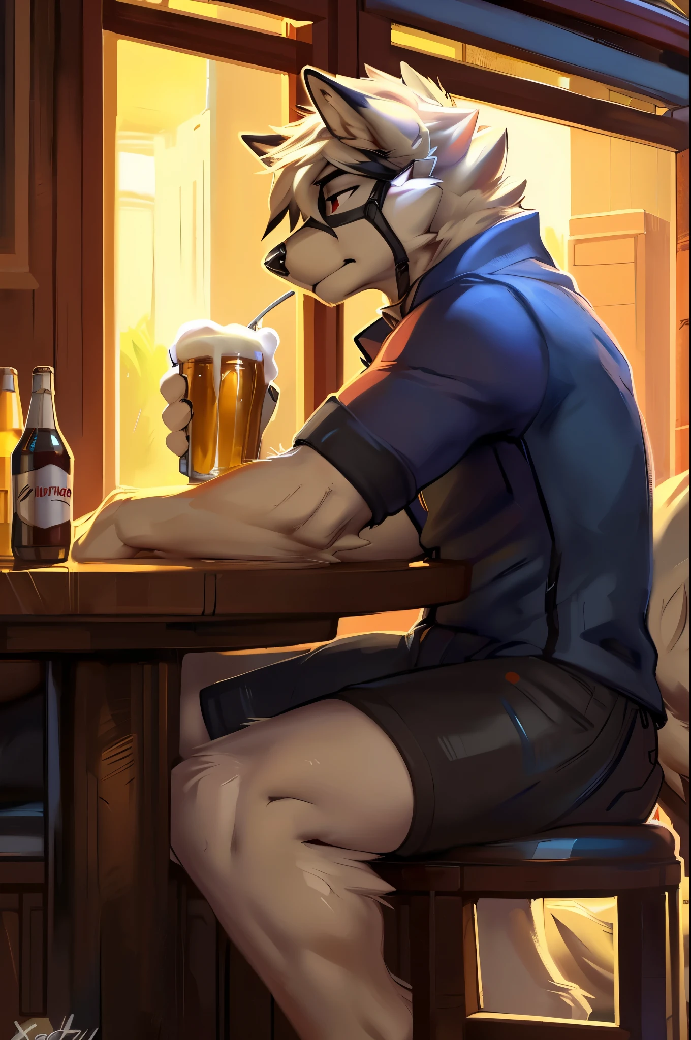 An adult muscular Fox male fursuit alone in the gym wearing hardcore nerdola glasses lying on the chair drinking a cold beer looking at the camera and making a seductive smile red fur and golden eyes 