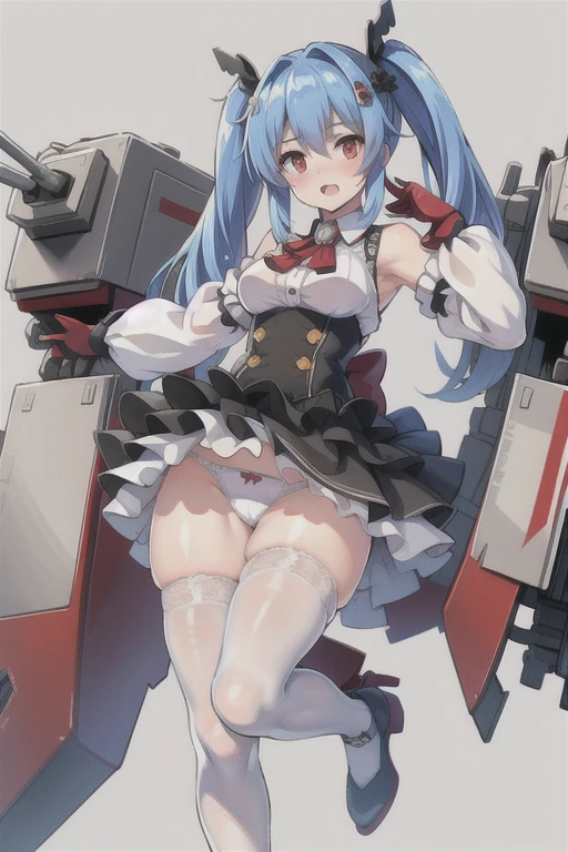 prinz eugen \(warship girls r\),((masterpiece)),(((best quality))),((ultra-detailed)),((illustration)),((disheveled hair)),((frills)),(1 girl),(solo),1girl, ass, bare shoulders, black legwear, black skirt, blue hair, blush, breasts, broken, cannon, damaged, gloves, hair ornament, headgear, high heels, long hair, long sleeves, looking at viewer, machinery, open mouth, panties, pantyshot, red eyes, rigging, skirt, smoke, solo, standing, standing on one leg, tears, thighhighs, torn clothes, torn gloves, torn legwear, torn leotard, torn panties, torn sleeves, turret, underwear, watercraft, white legwear, white panties